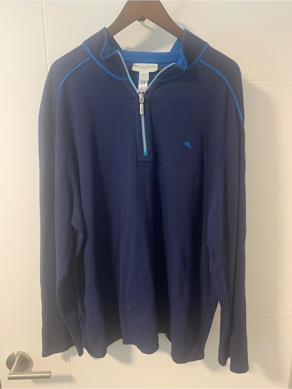 Tommy Bahama Navy Quarter-Zip Pullover with Light Blue Trim A15